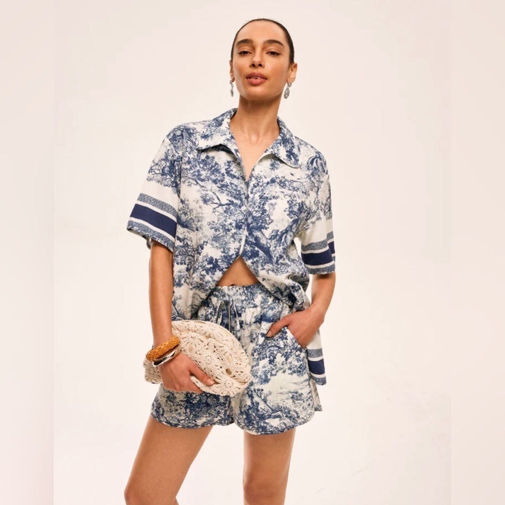 CRIMMENSE NWT Printed Contrast Trim Shorts Set BLUE SIZE XS